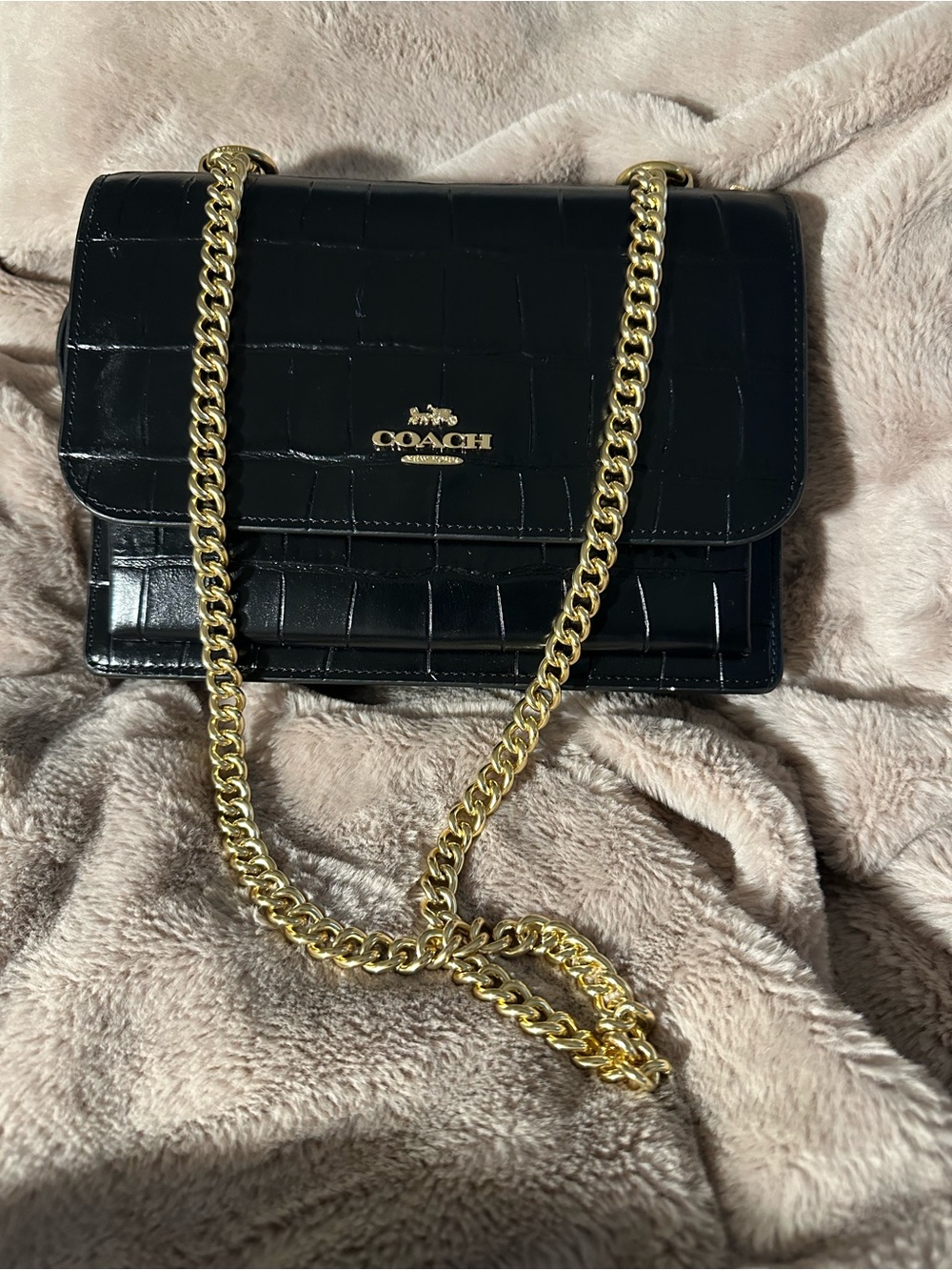 Coach Black Croc-Embossed Leather Chain Crossbody with Gold Hardware